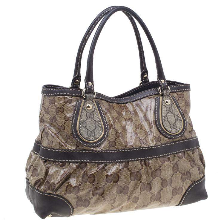 Pre Owned Gucci Brown Coated Canvas Monogram Crytal Mix Tote 