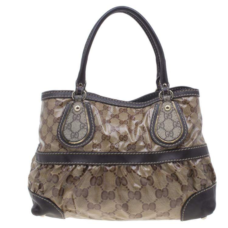 Pre Owned Gucci Brown Coated Canvas Monogram Crytal Mix Tote 