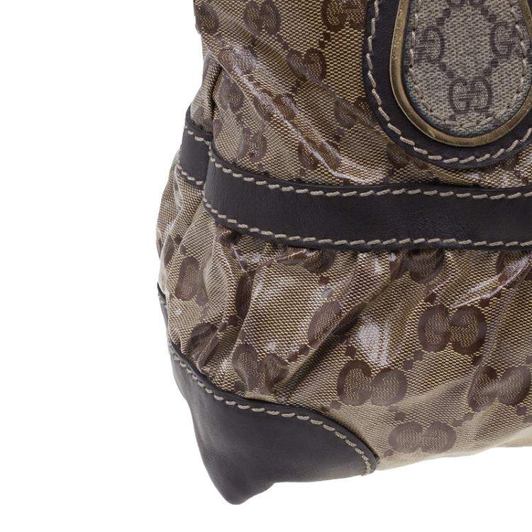 Pre Owned Gucci Brown Coated Canvas Monogram Crytal Mix Tote 