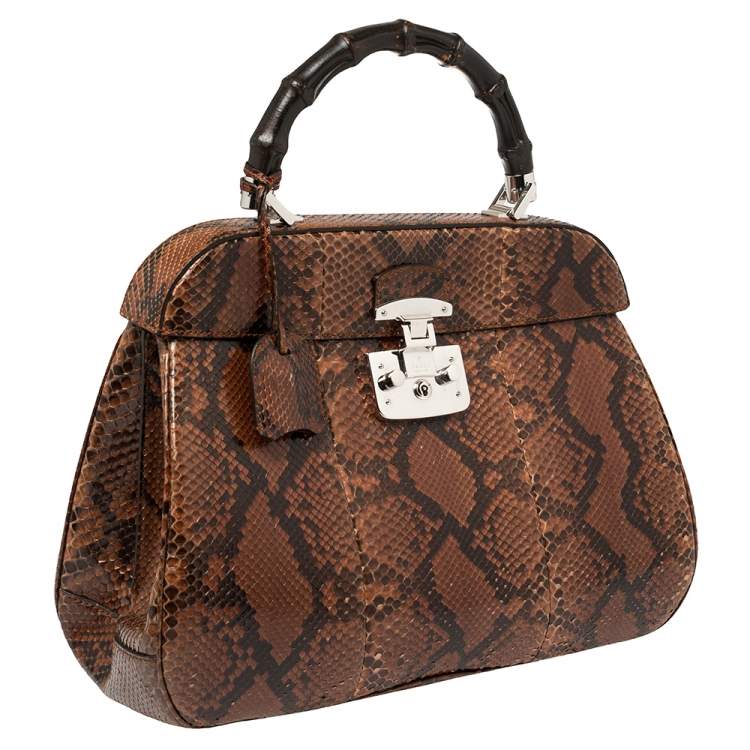 Pre Owned Gucci Brown/Black Python Lady Lock Bamboo Large Top Handle Bag