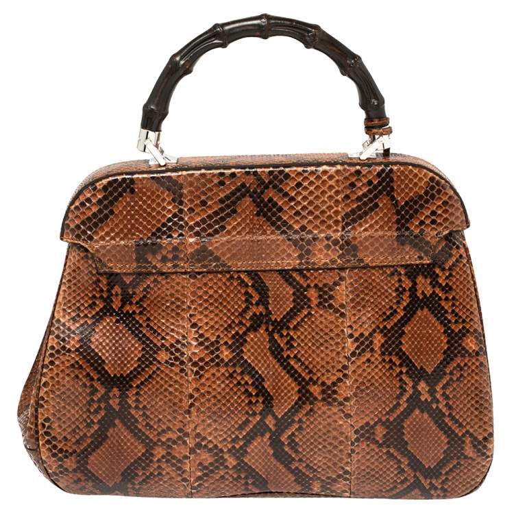 Pre Owned Gucci Brown/Black Python Lady Lock Bamboo Large Top Handle Bag