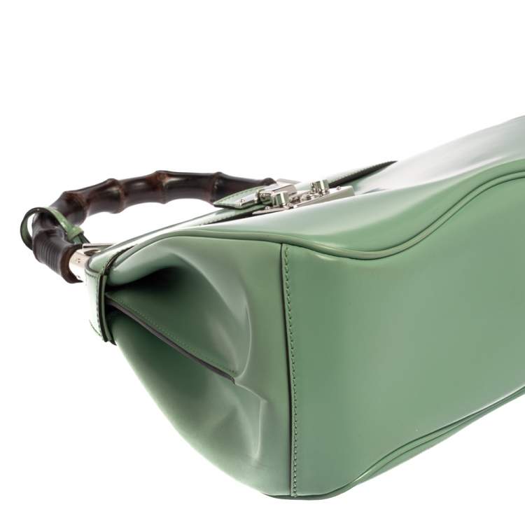 Pre Owned Gucci Mint Green Patent Leather Lady Lock Bamboo Top Handle Bag