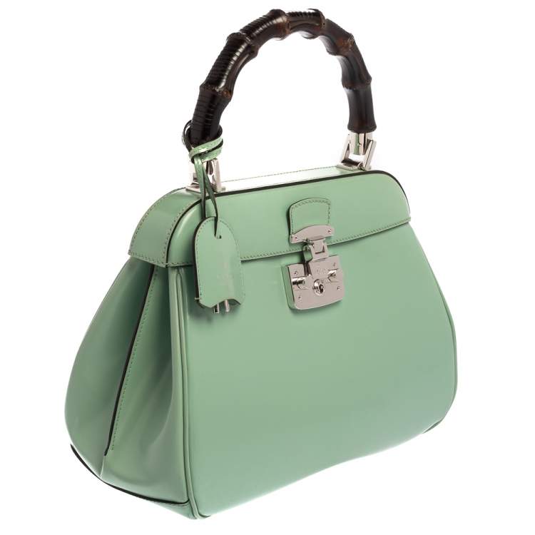 Pre Owned Gucci Mint Green Patent Leather Lady Lock Bamboo Top Handle Bag