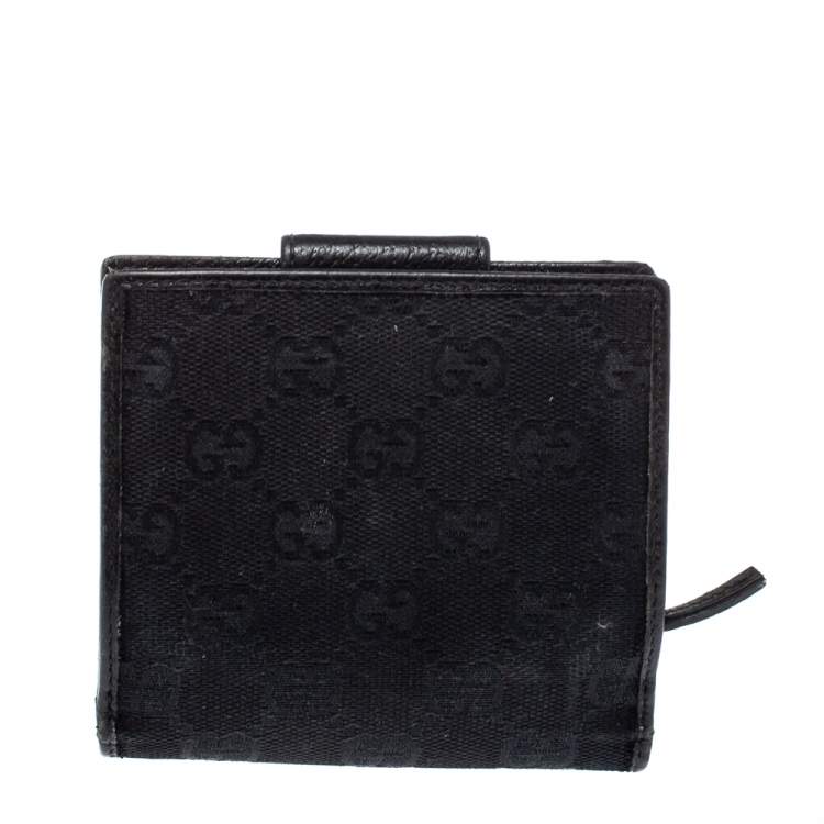Pre Owned Gucci Black GG Canvas and Leather D Ring Compact Wallet
