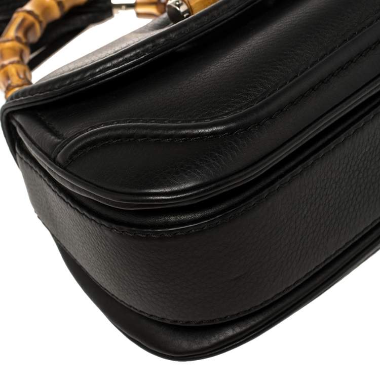 Pre Owned Gucci Black Leather Small New Bamboo Top Handle Bag
