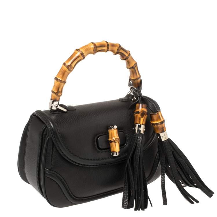 Pre Owned Gucci Black Leather Small New Bamboo Top Handle Bag