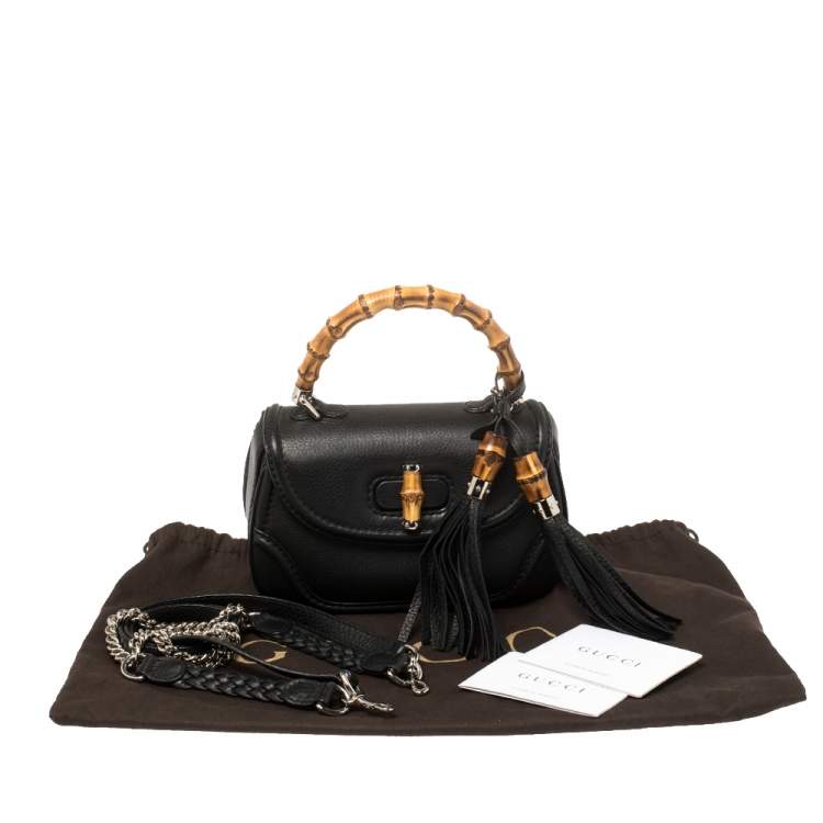 Pre Owned Gucci Black Leather Small New Bamboo Top Handle Bag
