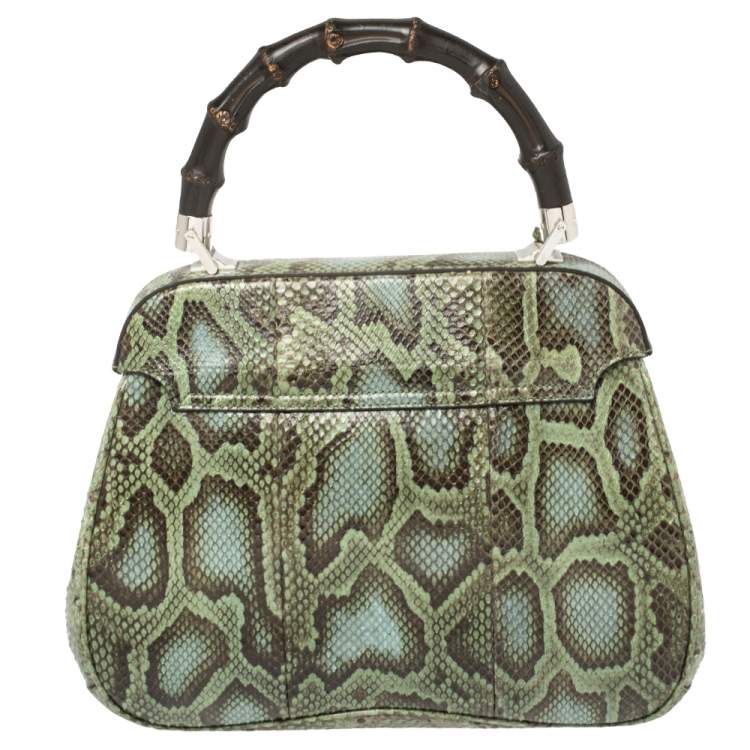 Pre Owned Gucci Green Python Lady Lock Bamboo Top Handle Bag