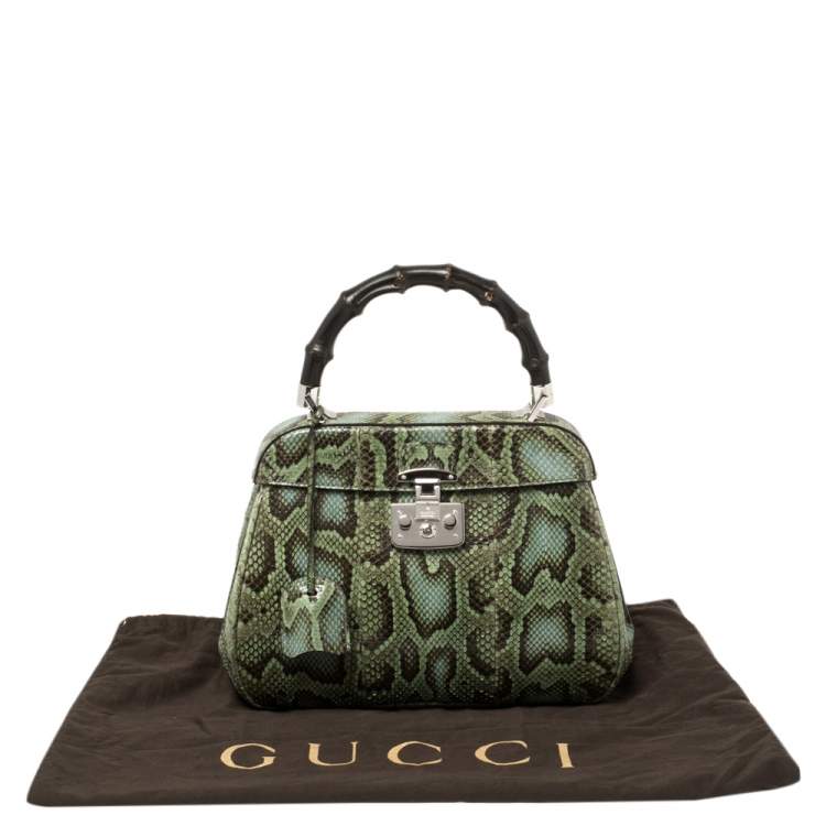 Pre Owned Gucci Green Python Lady Lock Bamboo Top Handle Bag