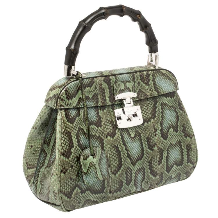 Pre Owned Gucci Green Python Lady Lock Bamboo Top Handle Bag