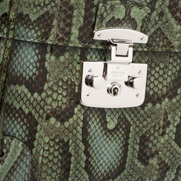 Pre Owned Gucci Green Python Lady Lock Bamboo Top Handle Bag