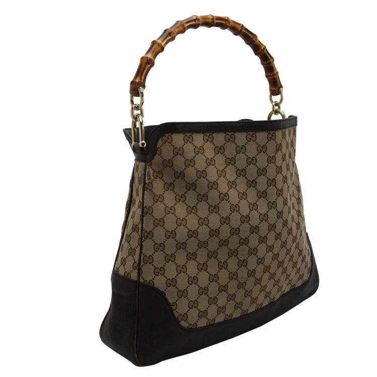 Pre Owned Gucci Beige GG Canvas Leather Peggy Bamboo Top Handle Bag