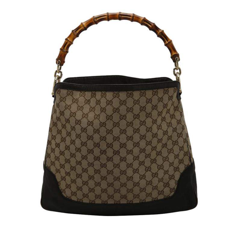 Pre Owned Gucci Beige GG Canvas Leather Peggy Bamboo Top Handle Bag
