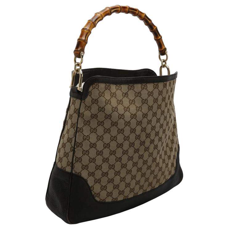 Pre Owned Gucci Beige GG Canvas Leather Peggy Bamboo Top Handle Bag