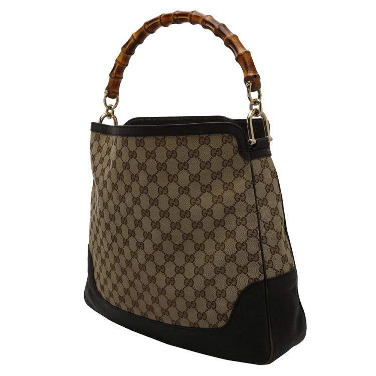 Pre Owned Gucci Beige GG Canvas Leather Peggy Bamboo Top Handle Bag