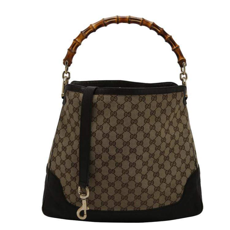 Pre Owned Gucci Beige GG Canvas Leather Peggy Bamboo Top Handle Bag