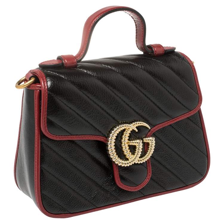 Pre Owned Gucci Black Diagonal Quilt Leather Mini GG Marmont Top Handle Bag