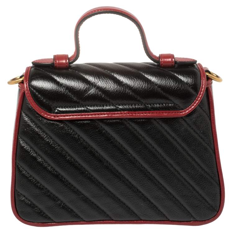 Pre Owned Gucci Black Diagonal Quilt Leather Mini GG Marmont Top Handle Bag