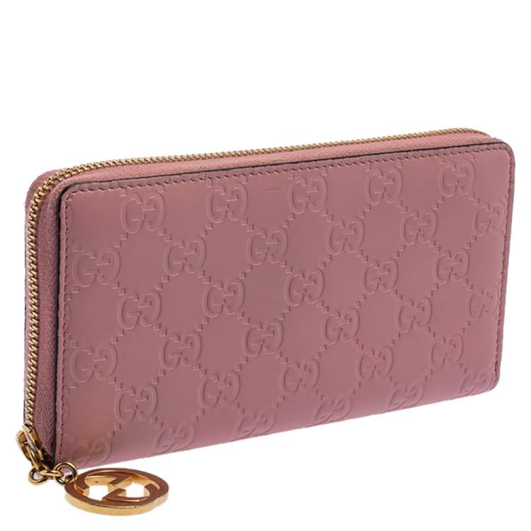 Pre Owned Gucci Pink Guccissima Leather GG Icon Zip Around Wallet   