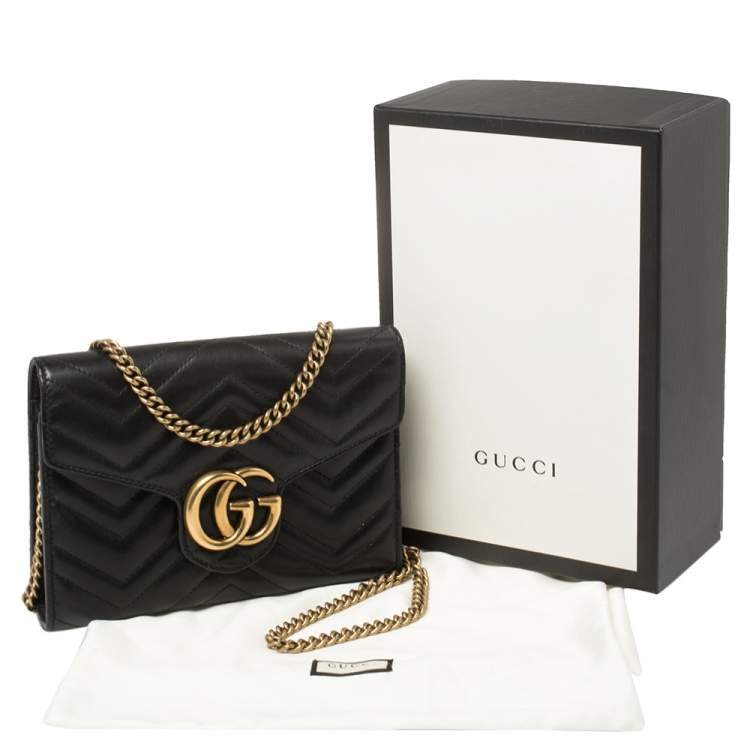Pre Owned Gucci Black Matelasse Leather GG Marmont Wallet On Chain