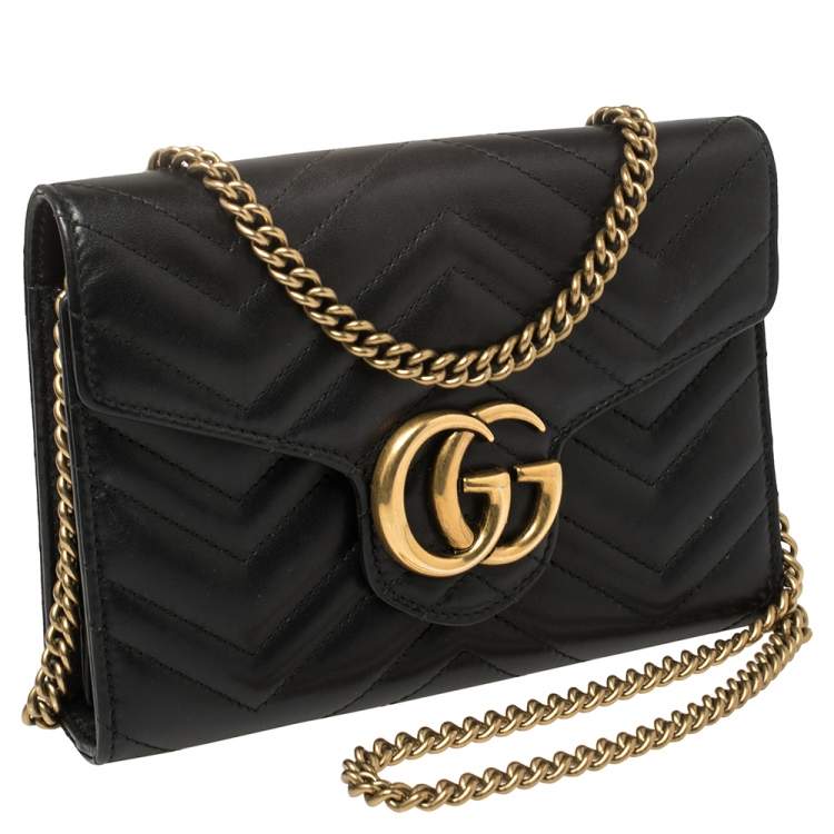 Pre Owned Gucci Black Matelasse Leather GG Marmont Wallet On Chain