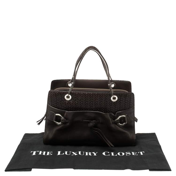 Pre Owned Lancel Dark Brown Braided Leather Front Pocket Tote 