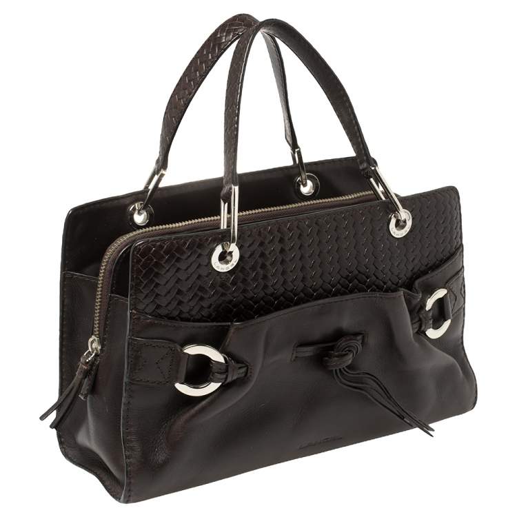 Pre Owned Lancel Dark Brown Braided Leather Front Pocket Tote 