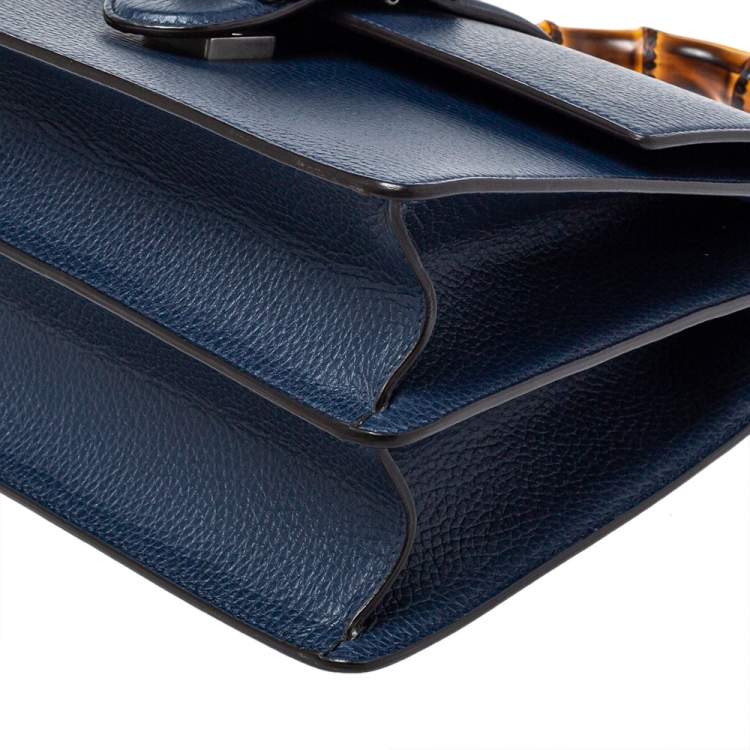Pre Owned Gucci Navy Blue Leather Medium Dionysus Bamboo Top Handle Bag