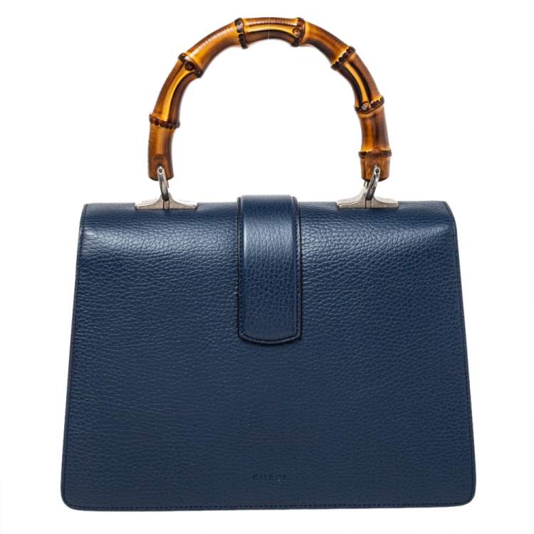 Pre Owned Gucci Navy Blue Leather Medium Dionysus Bamboo Top Handle Bag