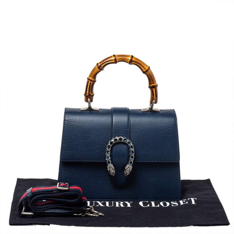 Pre Owned Gucci Navy Blue Leather Medium Dionysus Bamboo Top Handle Bag