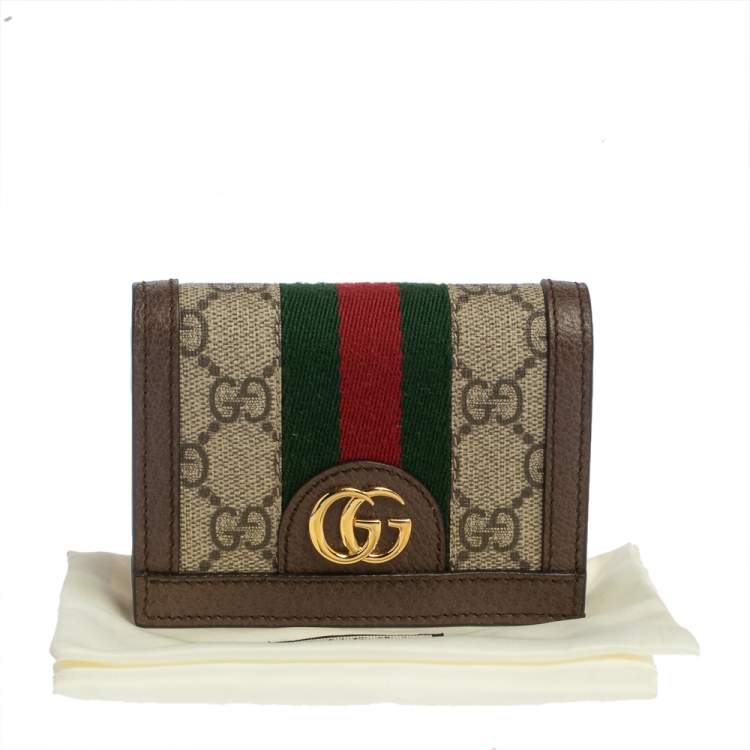 Pre Owned Gucci Brown GG Supreme Canvas and Leather Web Ophidia Card Case Wallet