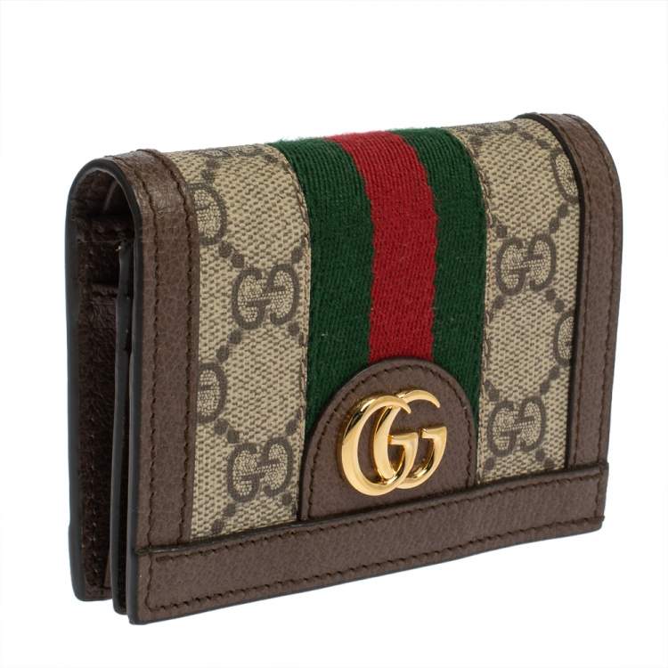 Pre Owned Gucci Brown GG Supreme Canvas and Leather Web Ophidia Card Case Wallet