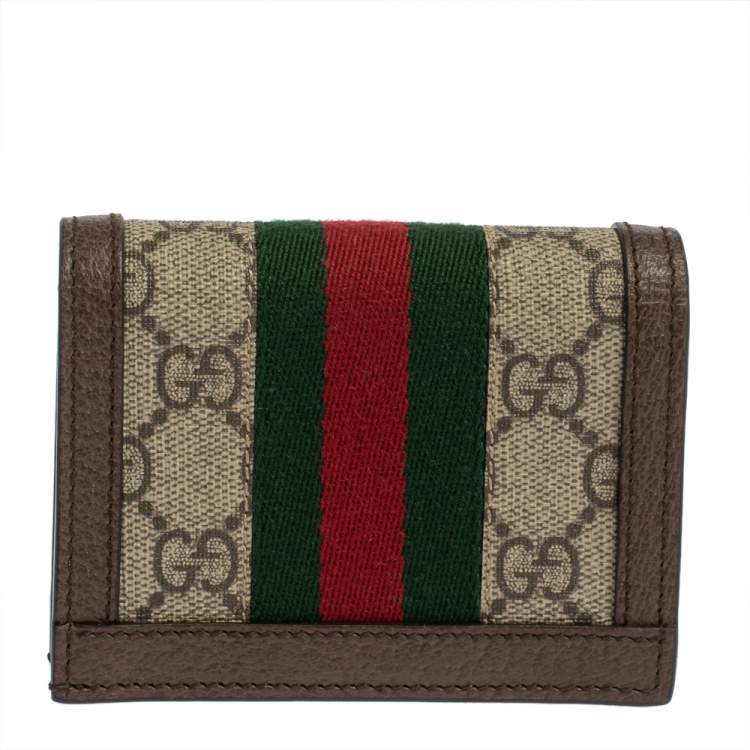 Pre Owned Gucci Brown GG Supreme Canvas and Leather Web Ophidia Card Case Wallet