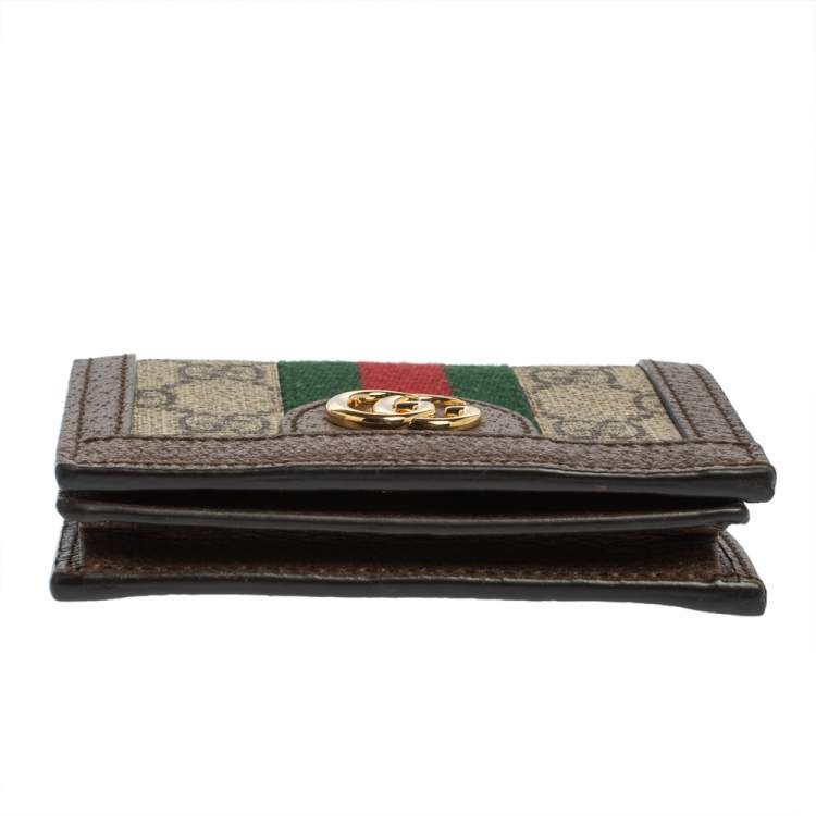 Pre Owned Gucci Brown GG Supreme Canvas and Leather Web Ophidia Card Case Wallet