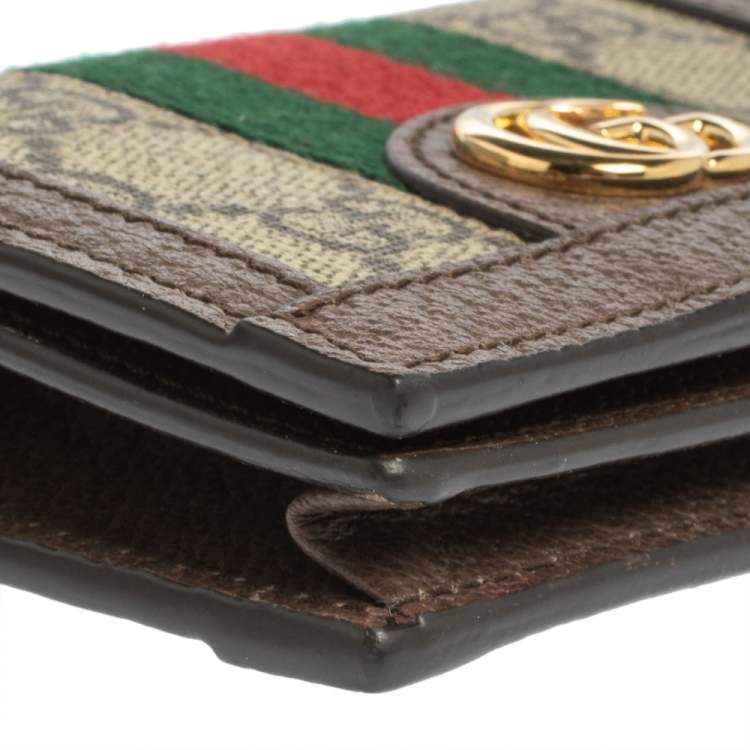 Pre Owned Gucci Brown GG Supreme Canvas and Leather Web Ophidia Card Case Wallet