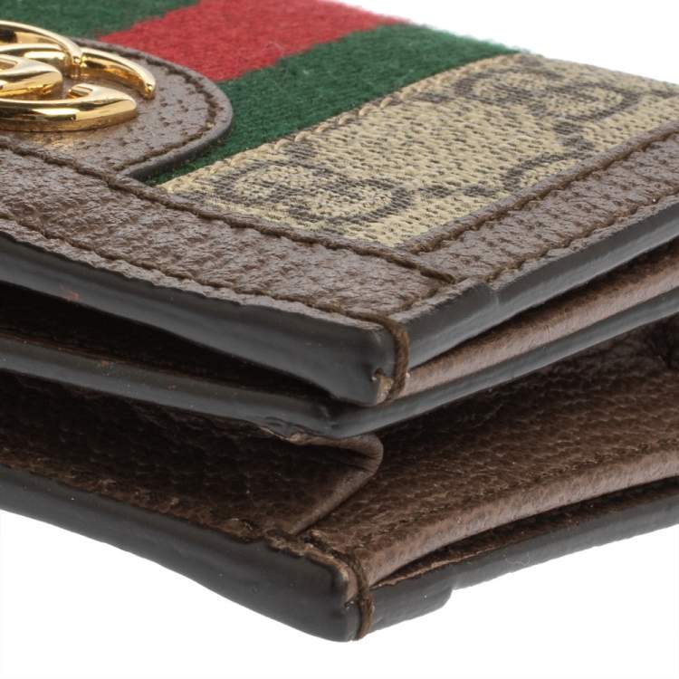 Pre Owned Gucci Brown GG Supreme Canvas and Leather Web Ophidia Card Case Wallet