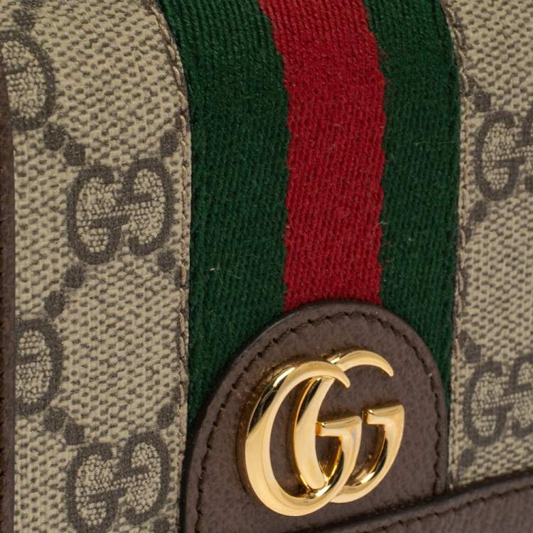 Pre Owned Gucci Brown GG Supreme Canvas and Leather Web Ophidia Card Case Wallet