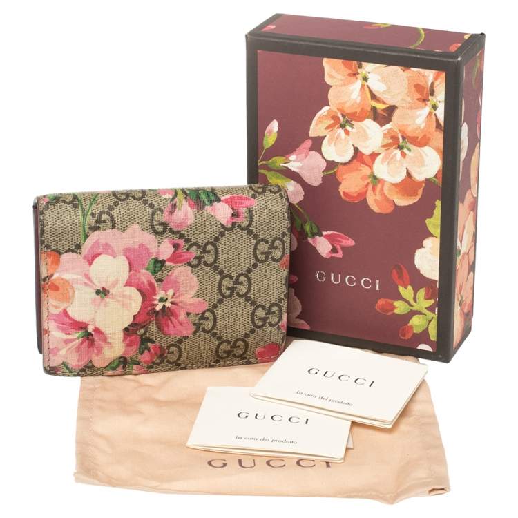 Pre Owned Gucci Beige/Pink GG Supreme Canvas Blooms Card Case