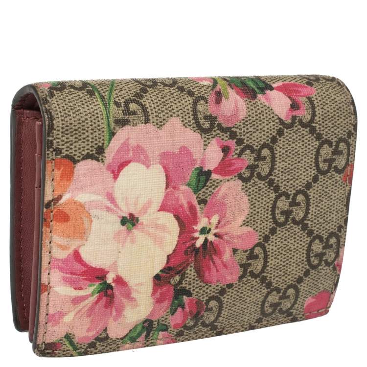 Pre Owned Gucci Beige/Pink GG Supreme Canvas Blooms Card Case