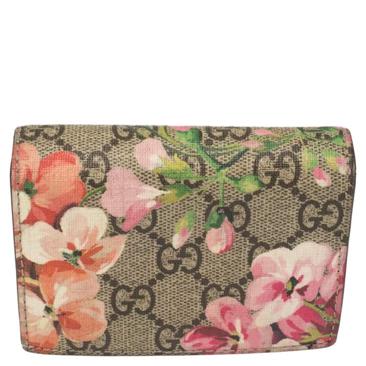 Pre Owned Gucci Beige/Pink GG Supreme Canvas Blooms Card Case
