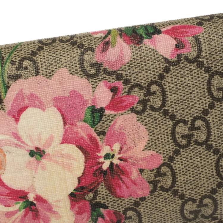 Pre Owned Gucci Beige/Pink GG Supreme Canvas Blooms Card Case