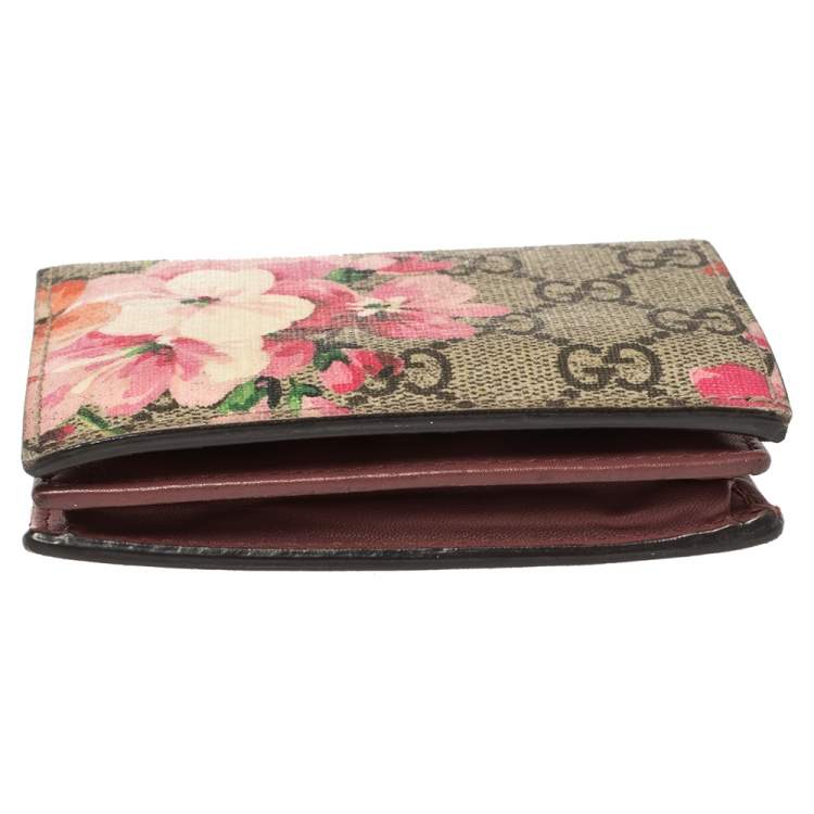 Pre Owned Gucci Beige/Pink GG Supreme Canvas Blooms Card Case