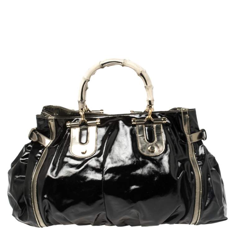 Pre Owned Gucci Black Coated Canvas and Leather Dialux Pop Bamboo Satchel