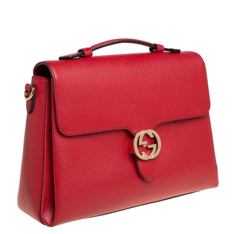 Pre Owned Gucci Red Leather Dollar Interlocking G Top Handle Bag