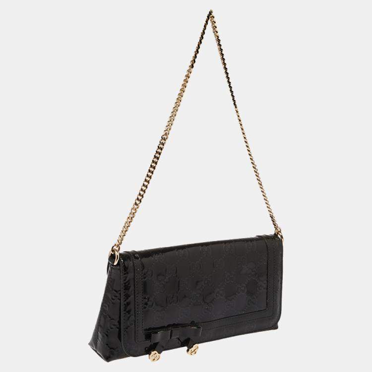 Pre Owned Gucci Black GG Patent Leather Flap Chain Clutch