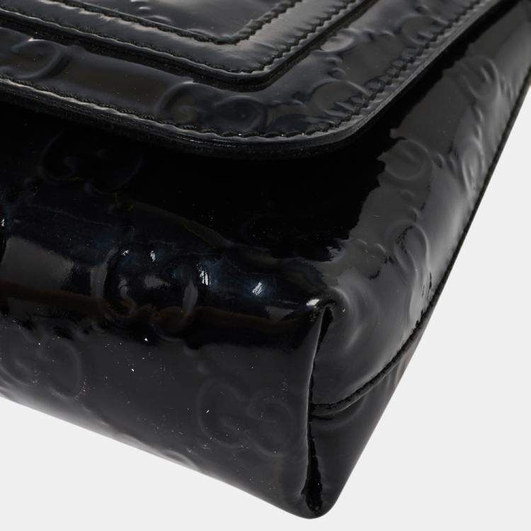 Pre Owned Gucci Black GG Patent Leather Flap Chain Clutch