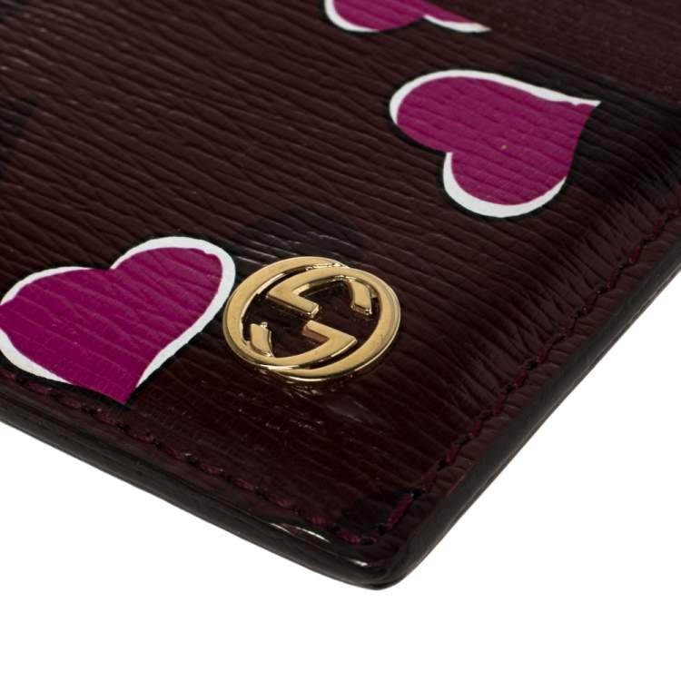 Pre Owned Gucci Burgundy Leather Heartbeat Print Card Holder