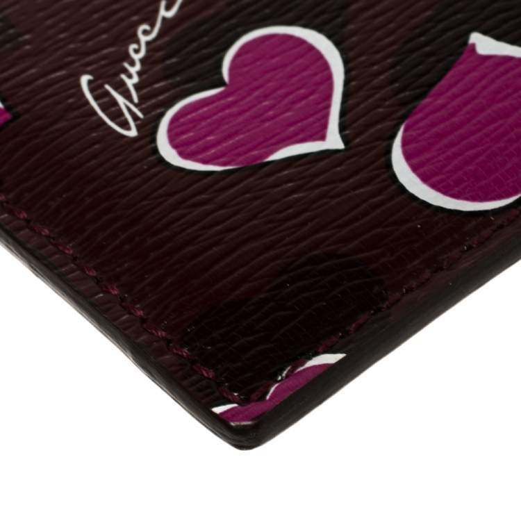 Pre Owned Gucci Burgundy Leather Heartbeat Print Card Holder