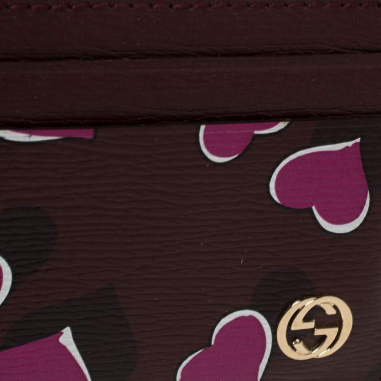 Pre Owned Gucci Burgundy Leather Heartbeat Print Card Holder