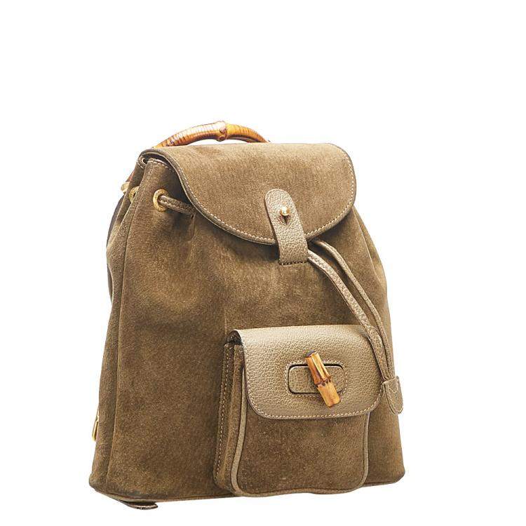 Pre Owned Gucci Brown Suede Bamboo Drawstring Backpack